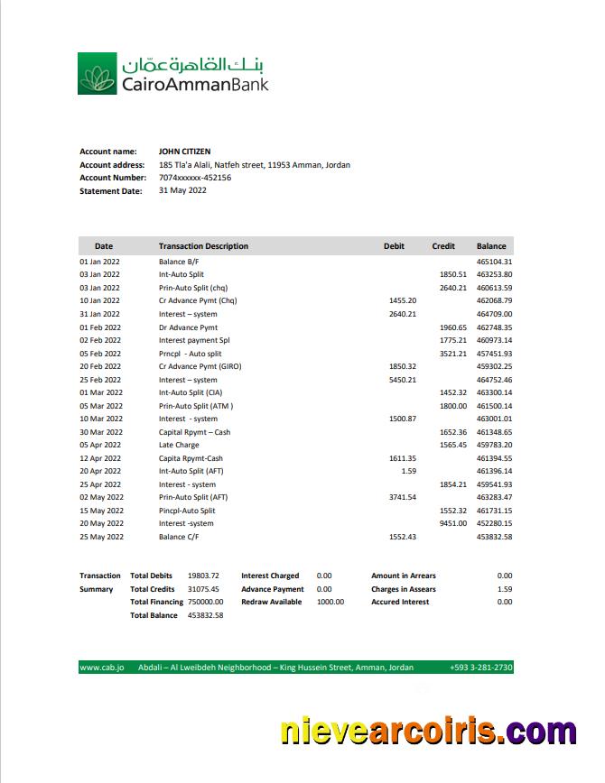 Jordan Cairo Amman bank statement, Excel and PDF format